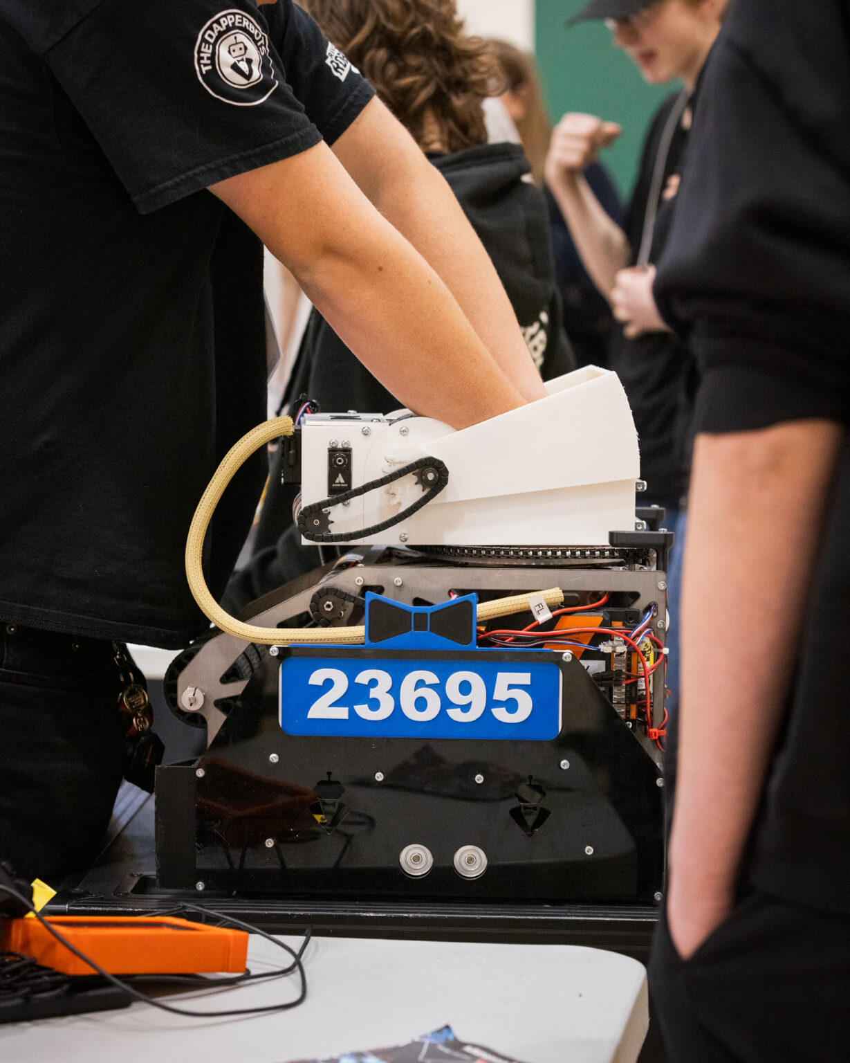 The Dapperbots FTC robot, number 23695, with its bowtie logo